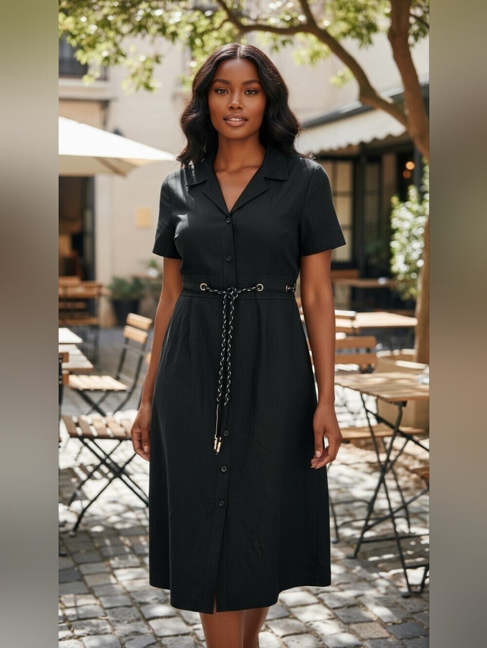 Positive Attitude Black Midi Dress Braided Chain Waist Tie Petite 14P